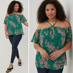 Torrid Womens Cold Shoulder Halter Top Floral Green Large